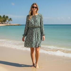 Old Navy Women’s Small Green Leaf Print Long Sleeve Dress Summer Spring